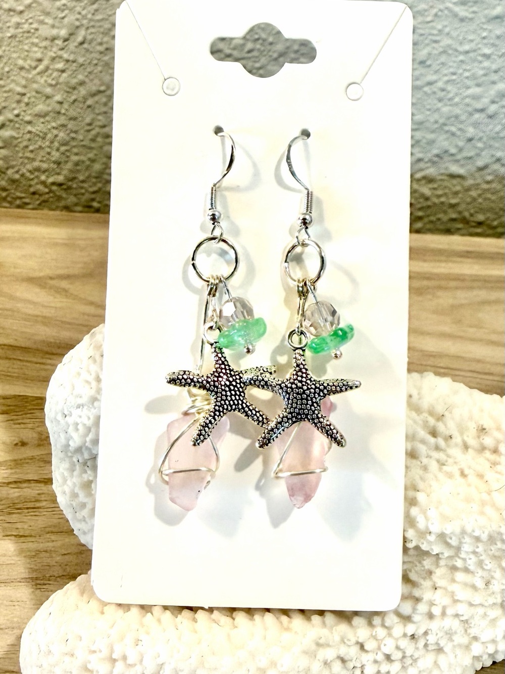 104. Silver Starfish Drop Earrings with Pink sea glass & decorative Beads